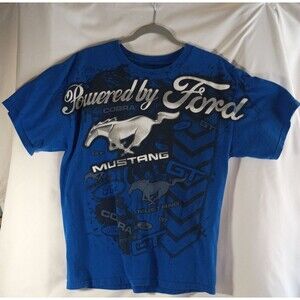 Vtg Men's Large Allstyle Blue Ford Mustang AOP Graphic Car T Shirt